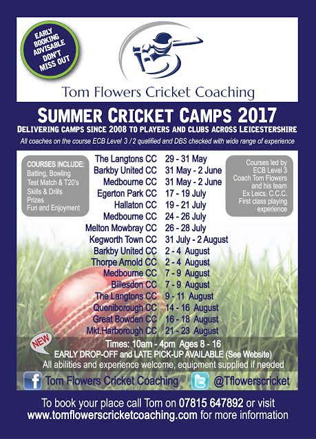 Summer cricket camp flyer - Melton Mowbray, Barkby United, Hallaton CC, The Langtons CC, Bowden CC, Market Harborough CC, Egerton Park CC